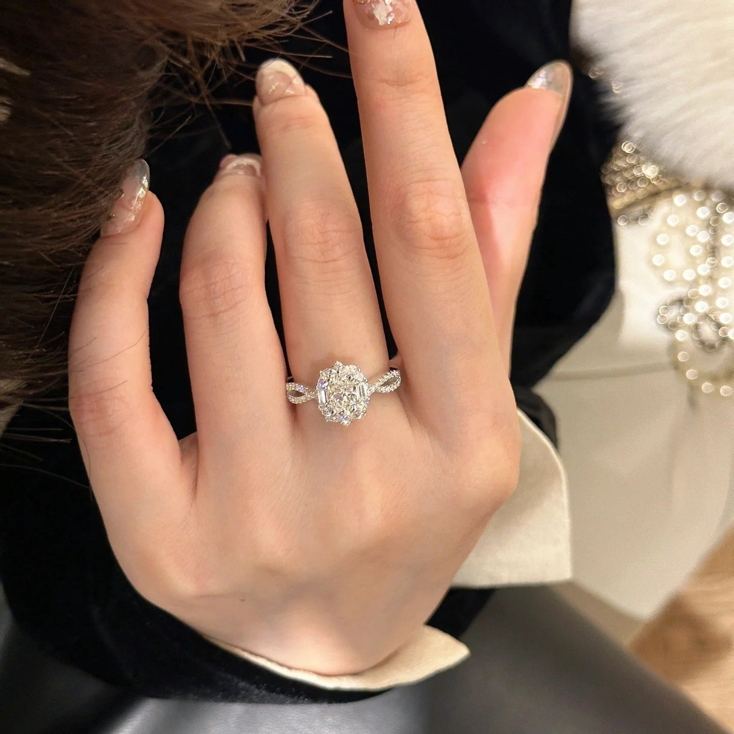 1 Carat Oval Cut Moissanite Statement Ring in 18K White Gold Vintage Cluster Design