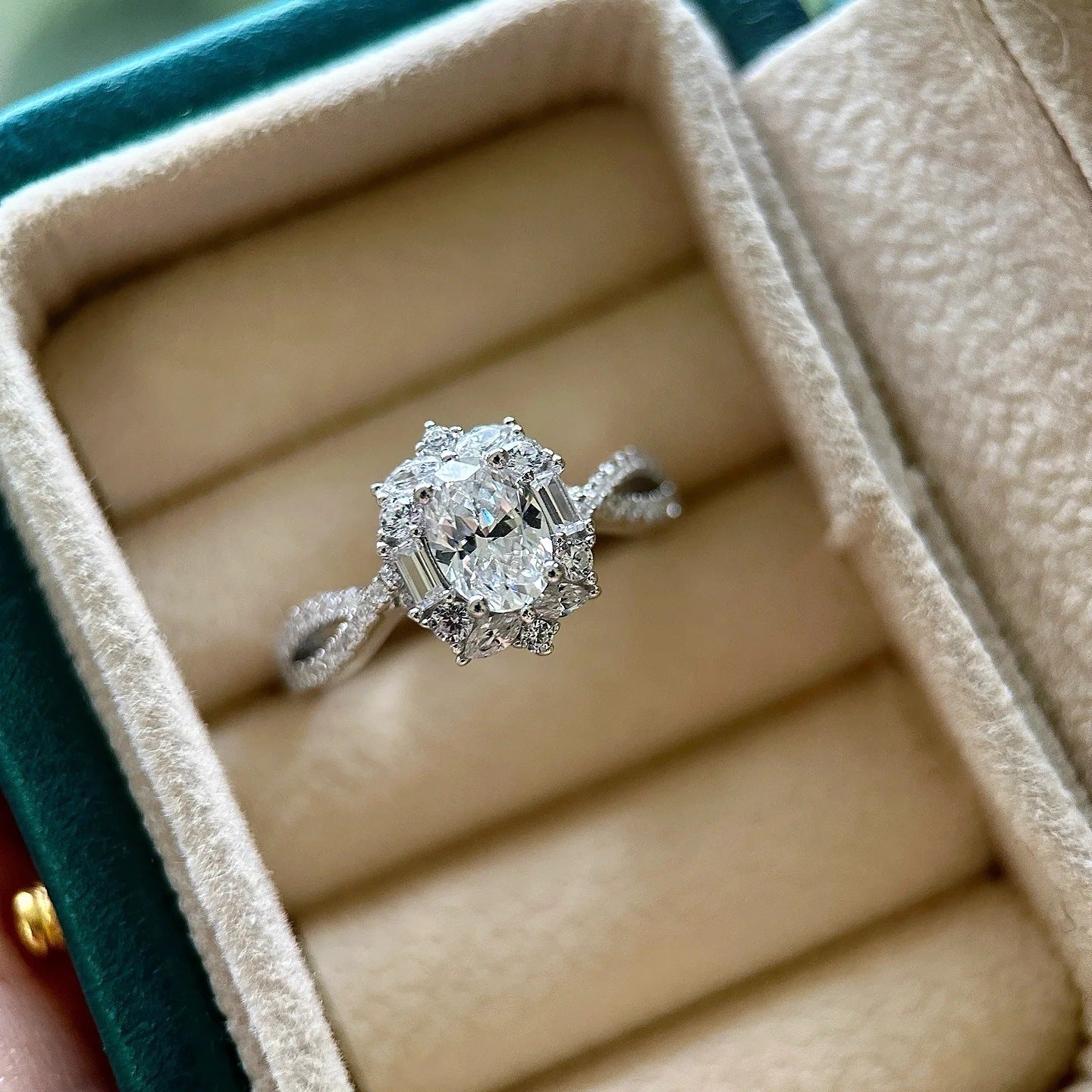 1ct Oval Cut Moissanite Ring - 18K White Gold Vintage Halo Statement Band