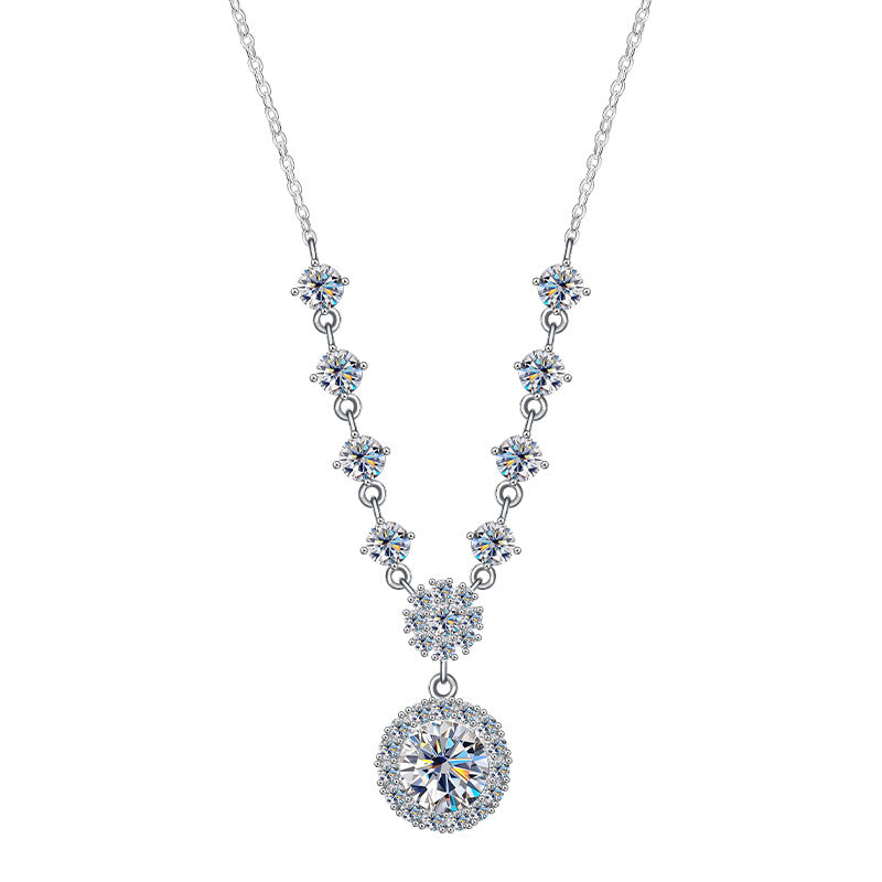 Sparkling S925 sterling silver necklace featuring a 1ct round moissanite centerpiece with a brilliant halo of accent stones