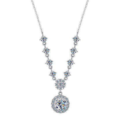 Sparkling S925 sterling silver necklace featuring a 1ct round moissanite centerpiece with a brilliant halo of accent stones