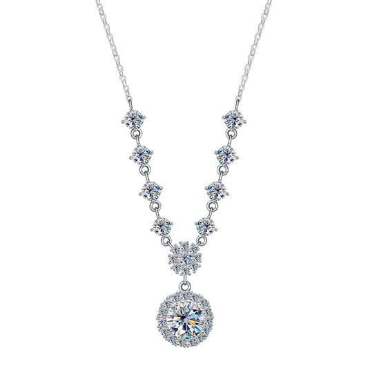 Sparkling S925 sterling silver necklace featuring a 1ct round moissanite centerpiece with a brilliant halo of accent stones