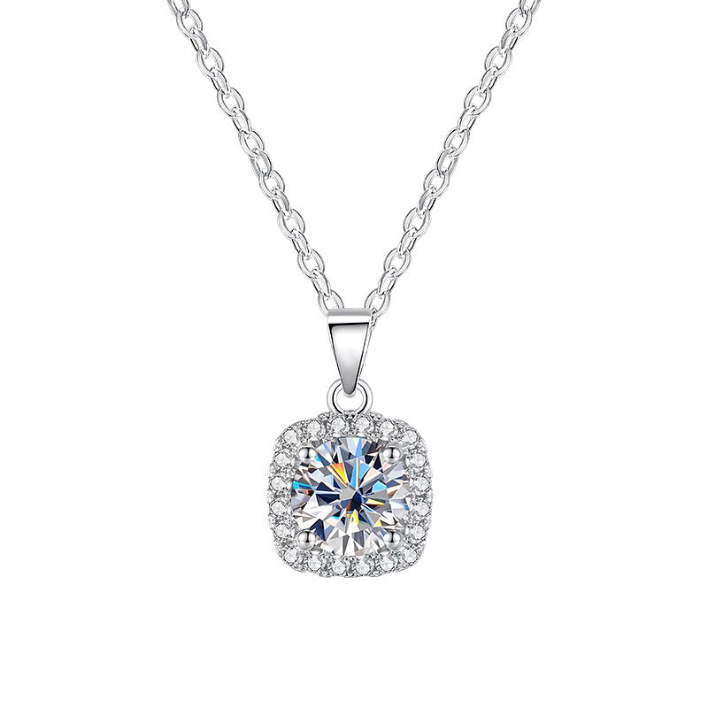 Dainty S925 sterling silver necklace featuring a 1ct round moissanite pendant with a brilliant halo setting and GRA certification