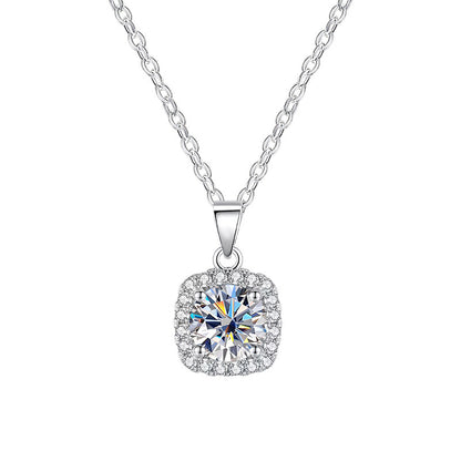 Dainty S925 sterling silver necklace featuring a 1ct round moissanite pendant with a brilliant halo setting and GRA certification