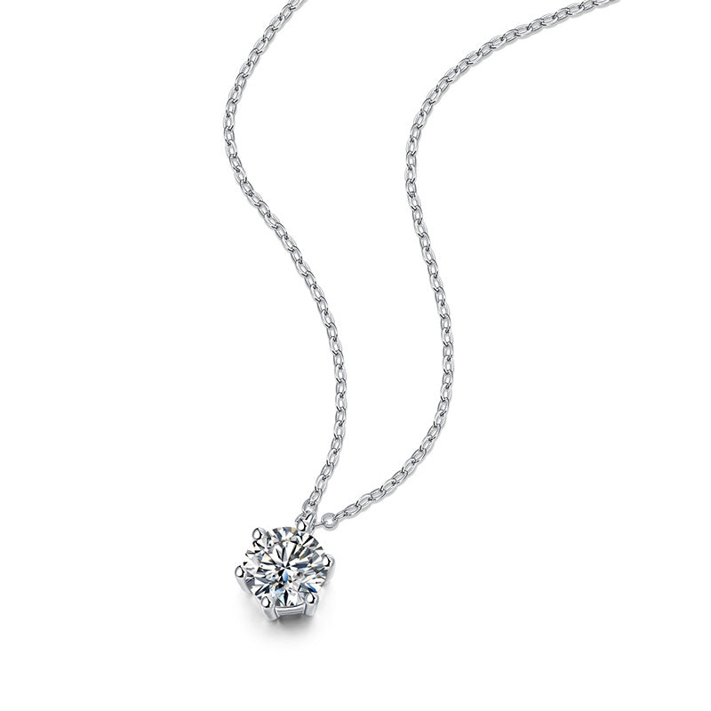 Classic S925 sterling silver solitaire necklace featuring a 1ct round moissanite in a secure six-prong setting with GRA certification