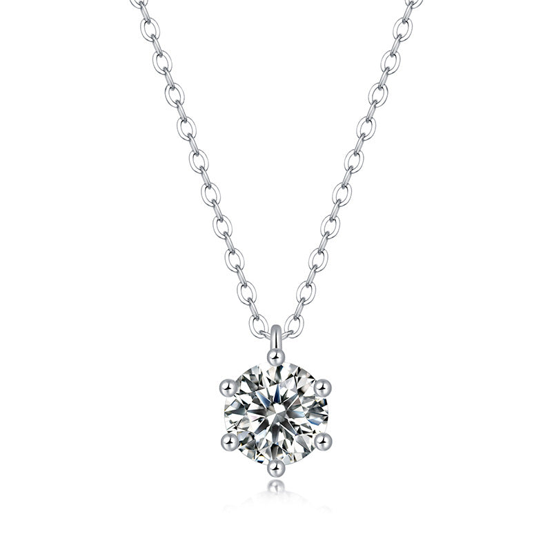 Classic S925 sterling silver solitaire necklace featuring a 1ct round moissanite in a secure six-prong setting with GRA certification