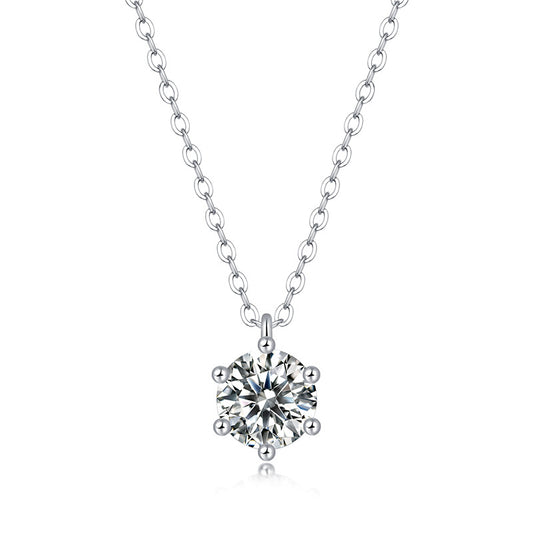 Classic S925 sterling silver solitaire necklace featuring a 1ct round moissanite in a secure six-prong setting with GRA certification