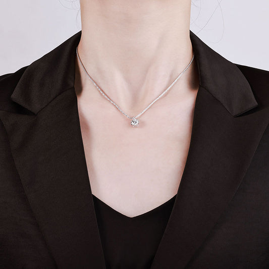 Classic S925 sterling silver solitaire necklace featuring a brilliant 1ct round cut moissanite with GRA certification