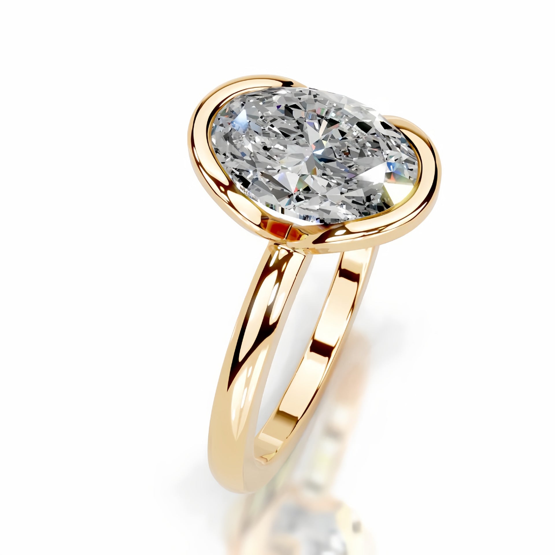 2 carat oval cut moissanite ring with a modern half-bezel setting in 18K gold plated S925 sterling silver