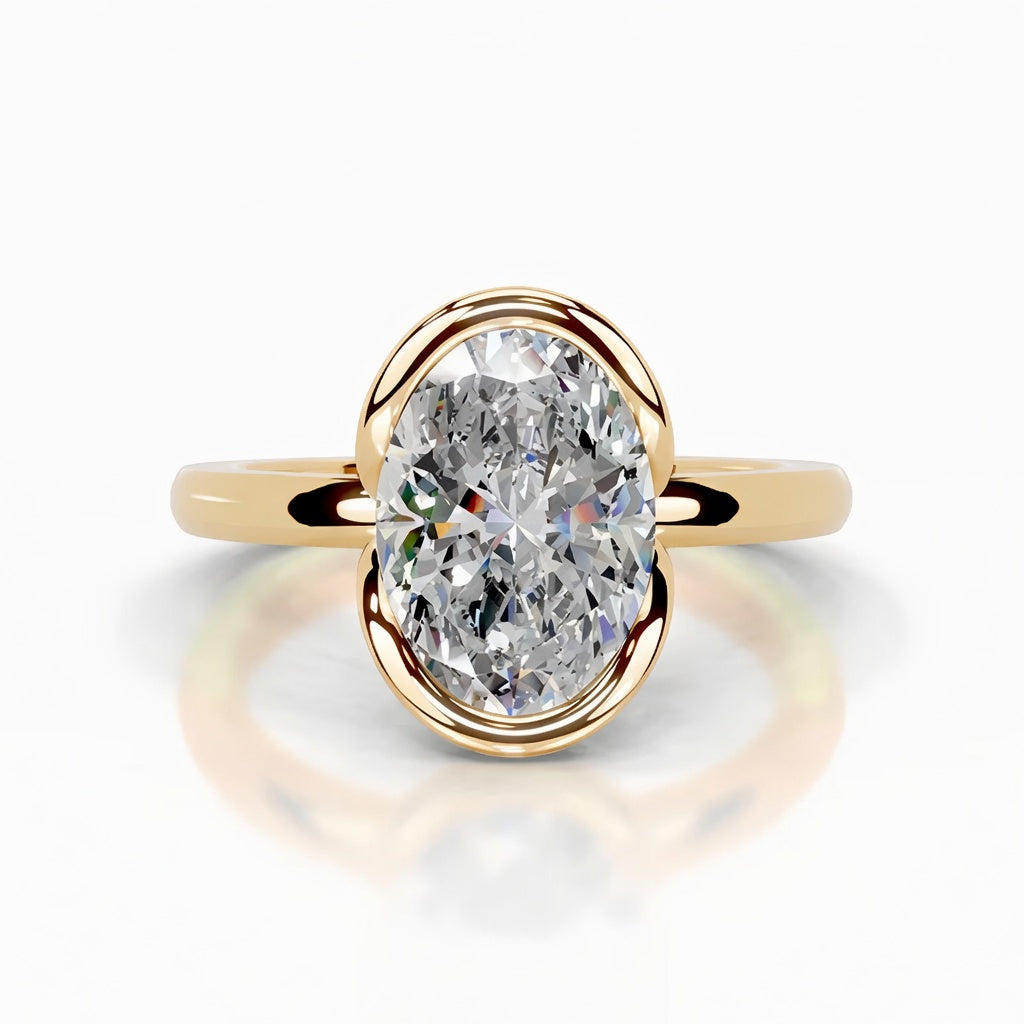 2 carat oval cut moissanite ring with a modern half-bezel setting in 18K gold plated S925 sterling silver