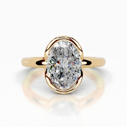 2 carat oval cut moissanite ring with a modern half-bezel setting in 18K gold plated S925 sterling silver