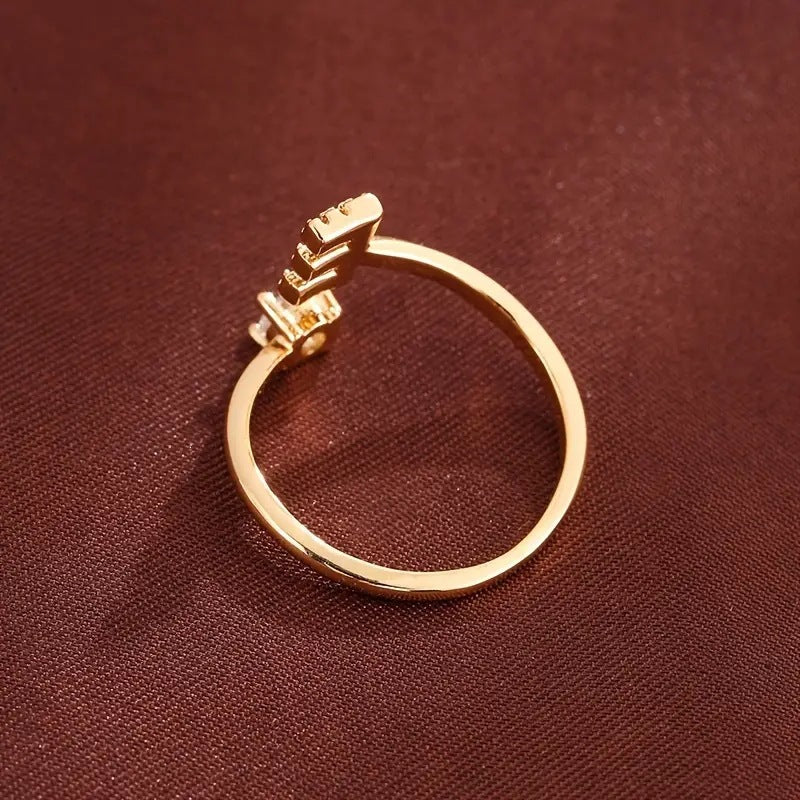 Pave cubic zirconia micro cz crystal 26 A to Z letters initial open cuff adjustable ring stainless steel jewelry in waterproof 18k gold plated finish.