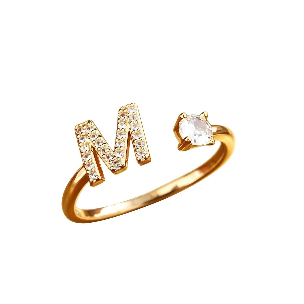 Pave cubic zirconia micro cz crystal 26 A to Z letters initial open cuff adjustable ring stainless steel jewelry in waterproof 18k gold plated finish.