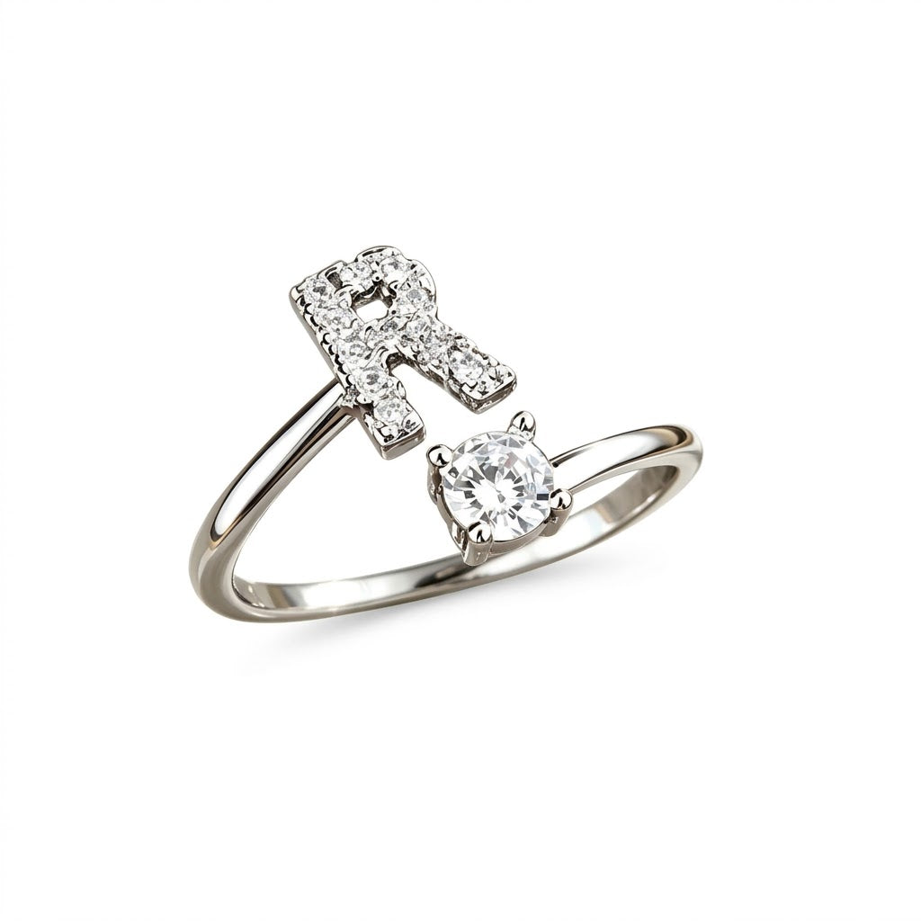 Pave cubic zirconia micro cz crystal 26 A to Z letters initial open cuff adjustable ring stainless steel jewelry in waterproof 18k gold plated finish.