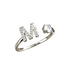 Pave cubic zirconia micro cz crystal 26 A to Z letters initial open cuff adjustable ring stainless steel jewelry in waterproof 18k gold plated finish.