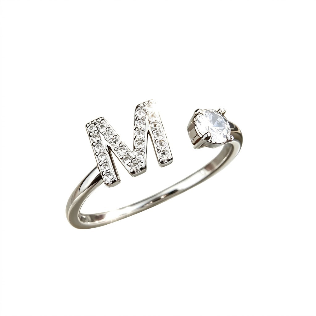 Pave cubic zirconia micro cz crystal 26 A to Z letters initial open cuff adjustable ring stainless steel jewelry in waterproof 18k gold plated finish.