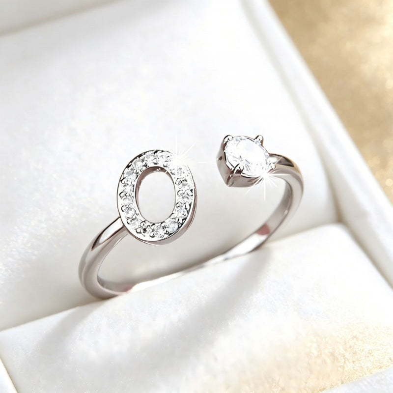 Pave cubic zirconia micro cz crystal 26 A to Z letters initial open cuff adjustable ring stainless steel jewelry in waterproof 18k gold plated finish.
