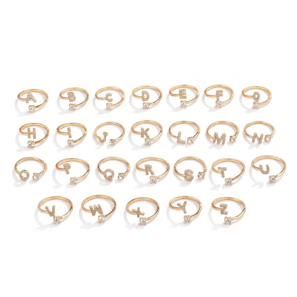 Pave cubic zirconia micro cz crystal 26 A to Z letters initial open cuff adjustable ring stainless steel jewelry in waterproof 18k gold plated finish.