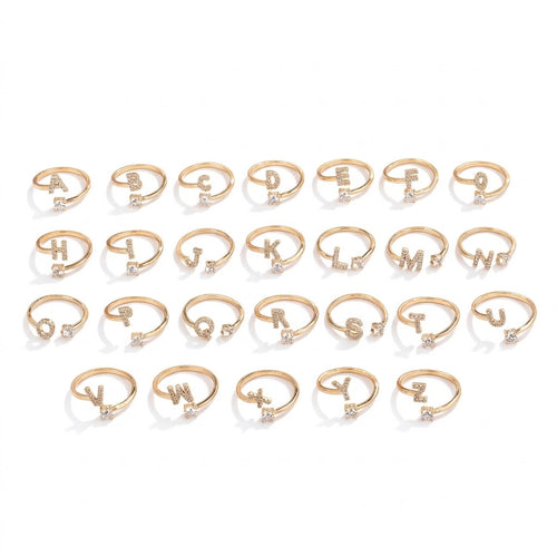 Pave cubic zirconia micro cz crystal 26 A to Z letters initial open cuff adjustable ring stainless steel jewelry in waterproof 18k gold plated finish.