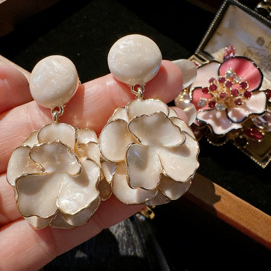 Cream Rose Enamel Earrings