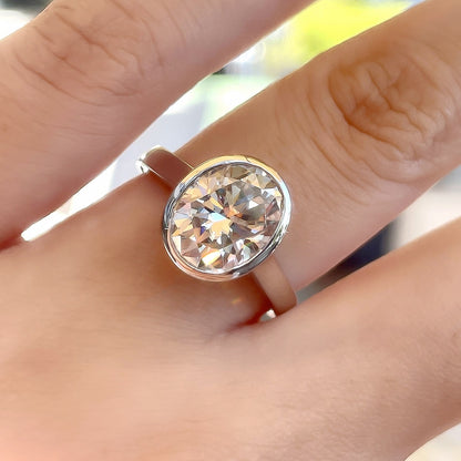 3 Carat Oval Cut Moissanite Solitaire Ring in S925 Sterling Silver Bezel Setting Statement Piece