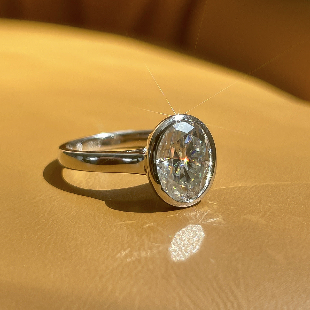 3 Carat Oval Cut Moissanite Solitaire Ring in S925 Sterling Silver Bezel Setting Statement Piece