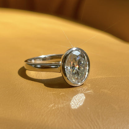3 Carat Oval Cut Moissanite Solitaire Ring in S925 Sterling Silver Bezel Setting Statement Piece