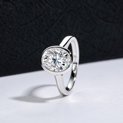 3 Carat Oval Cut Moissanite Solitaire Ring in S925 Sterling Silver Bezel Setting Statement Piece