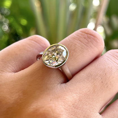 3 Carat Oval Cut Moissanite Solitaire Ring in S925 Sterling Silver Bezel Setting Statement Piece