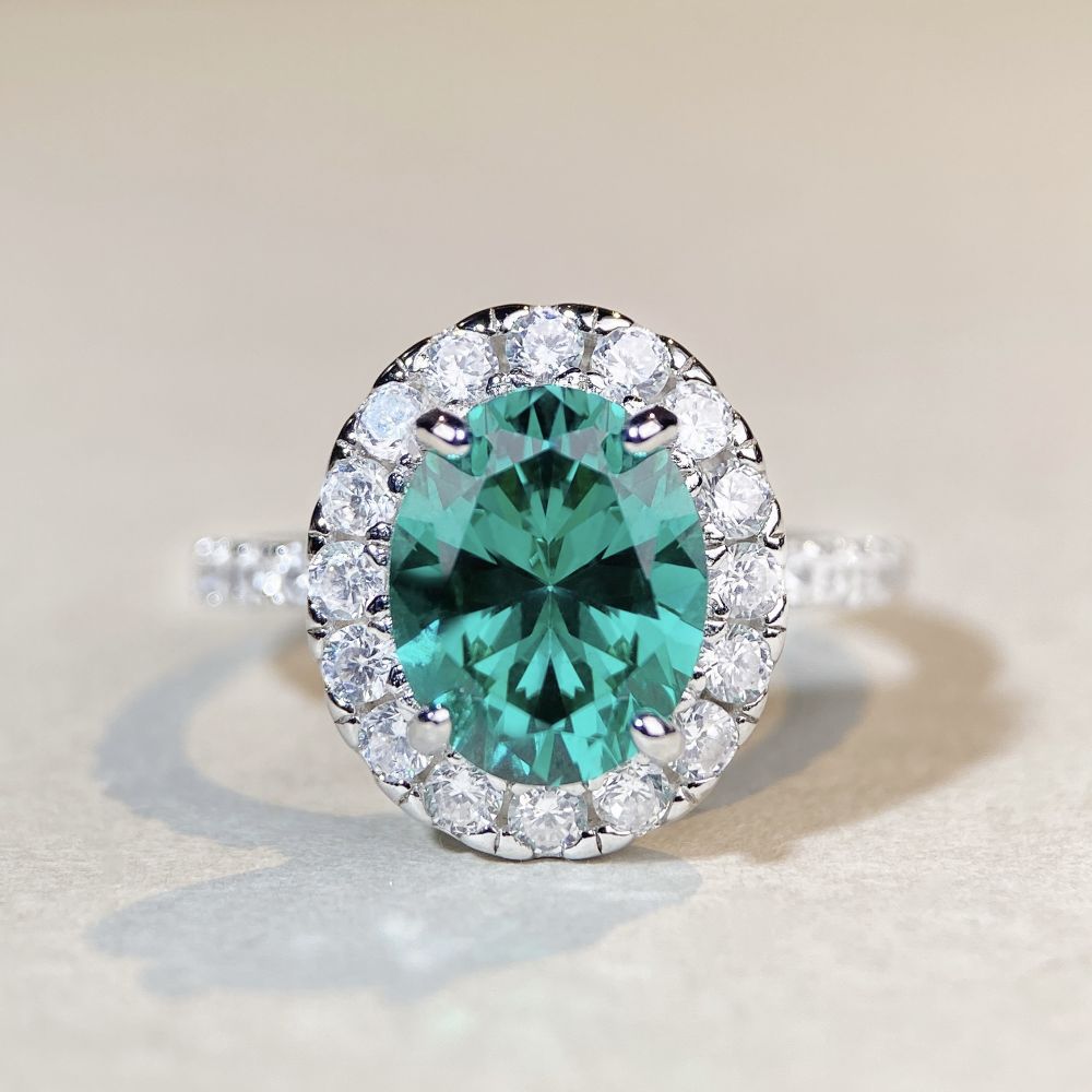 4 carat oval Paraiba-style green gemstone ring with a sparkling zircon halo, set in S925 sterling silver