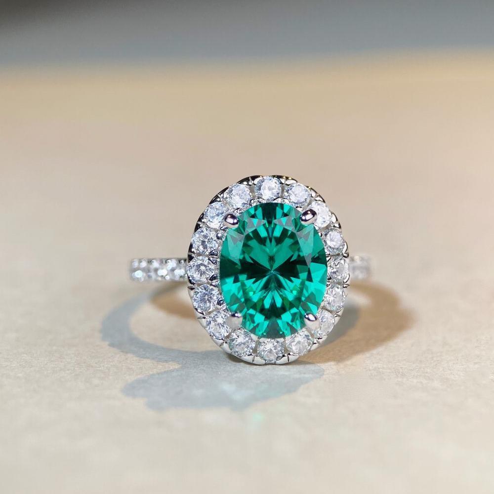 4 carat oval Paraiba-style green gemstone ring with a sparkling zircon halo, set in S925 sterling silver