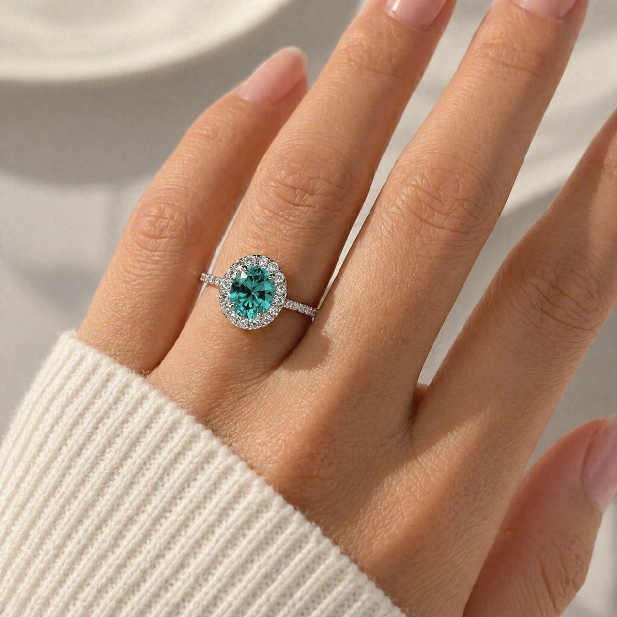 4 carat oval Paraiba-style green gemstone ring with a sparkling zircon halo, set in S925 sterling silver