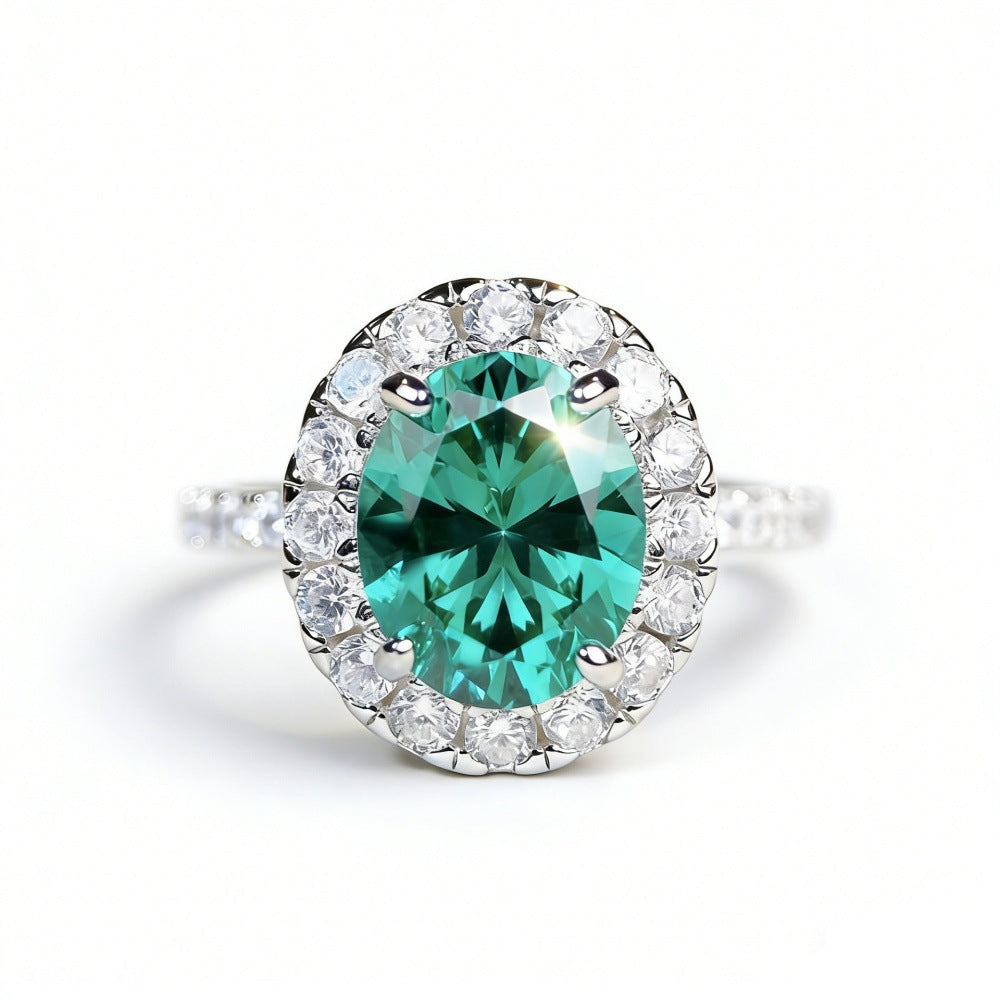 4 carat oval Paraiba-style green gemstone ring with a sparkling zircon halo, set in S925 sterling silver