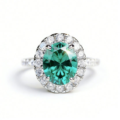 4 carat oval Paraiba-style green gemstone ring with a sparkling zircon halo, set in S925 sterling silver