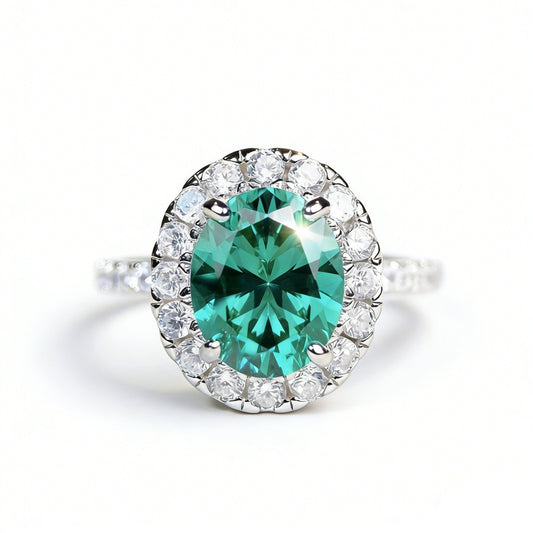 4 carat oval Paraiba-style green gemstone ring with a sparkling zircon halo, set in S925 sterling silver