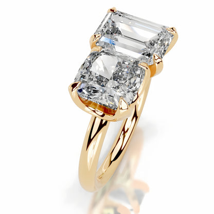 4 carat Toi et Moi moissanite ring featuring emerald and cushion cut stones in an adjustable 18K gold plated S925 silver band