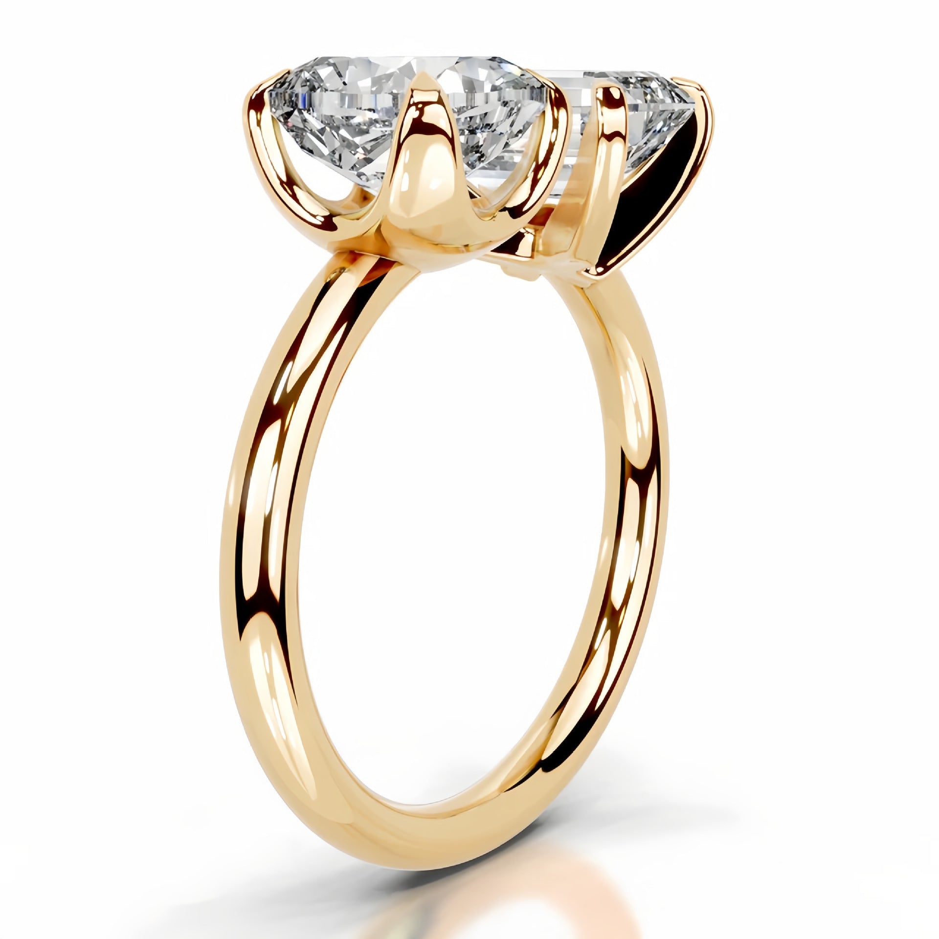 4 carat Toi et Moi moissanite ring featuring emerald and cushion cut stones in an adjustable 18K gold plated S925 silver band