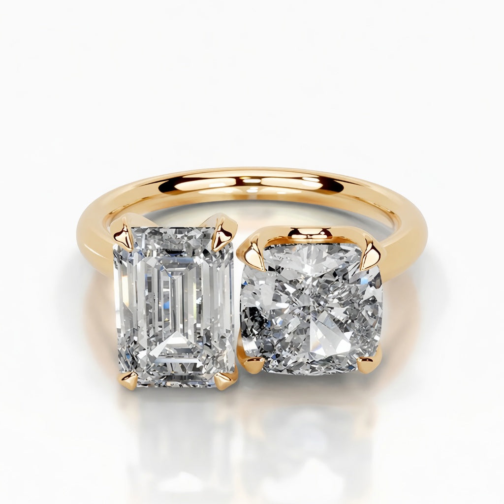 4 carat Toi et Moi moissanite ring featuring emerald and cushion cut stones in an adjustable 18K gold plated S925 silver band
