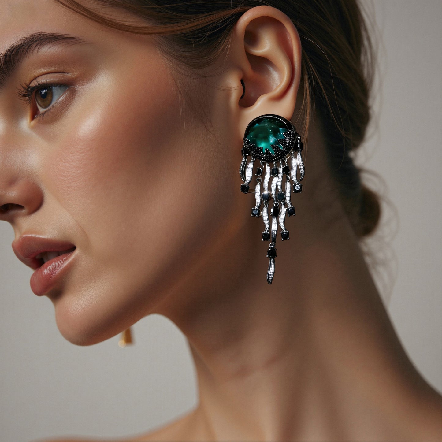 Piano Black Cloud Pattern Jellyfish Tassel Gem Earrings
