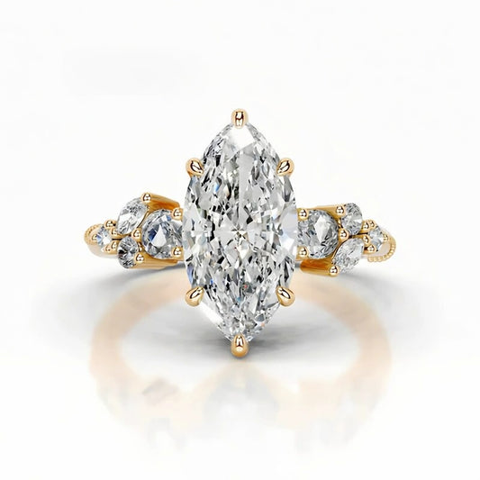 5 carat marquise cut moissanite solitaire ring with side stone accents in 18K gold plated silver