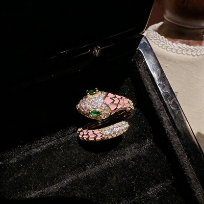 Pink Enamel Snake Ring – Vintage Pavé Zircon Adjustable Open Band