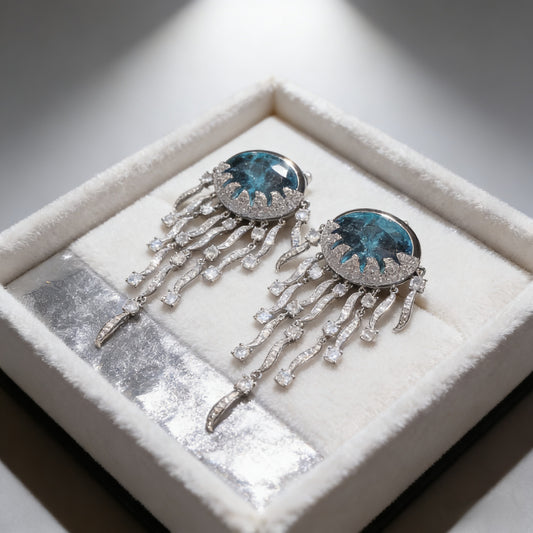 Maldivian Blue Cloud Pattern Jellyfish Tassel Gemstone Earrings