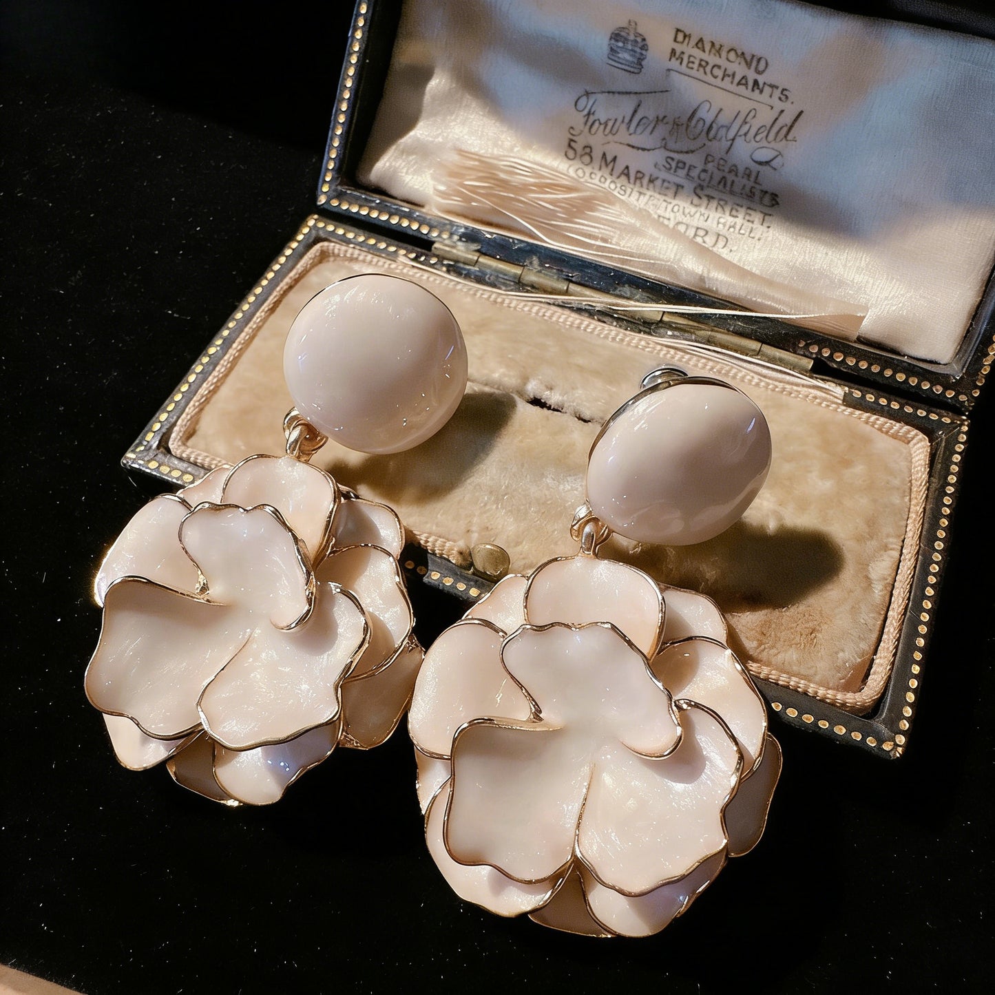 Cream Rose Enamel Earrings