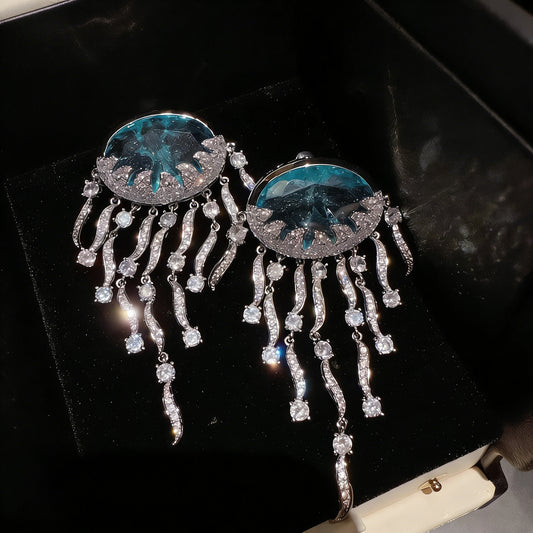 Maldivian Blue Cloud Pattern Jellyfish Tassel Gemstone Earrings