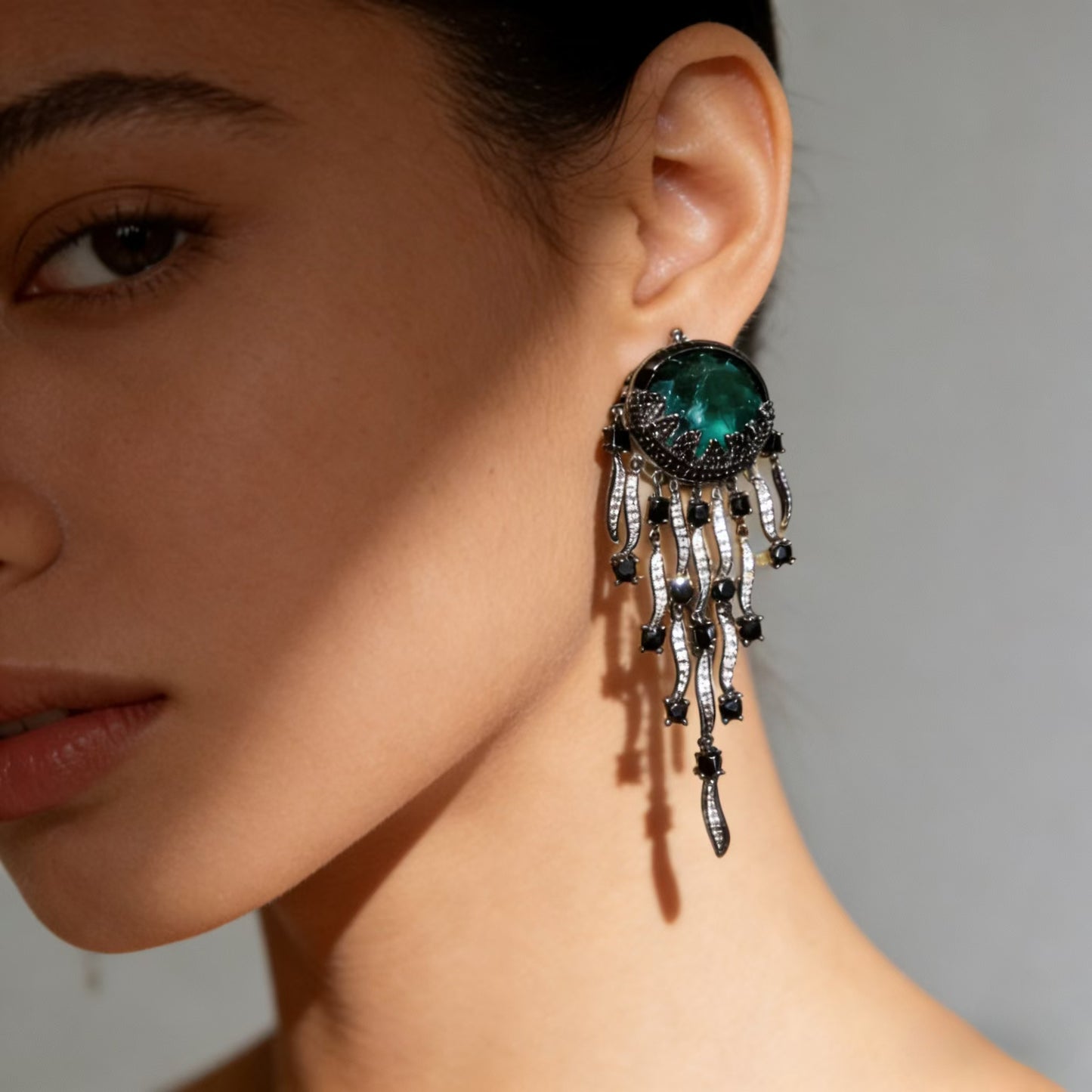 Piano Black Cloud Pattern Jellyfish Tassel Gem Earrings