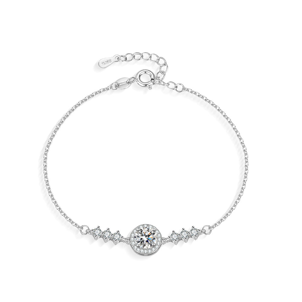 Elegant S925 sterling silver bracelet featuring a brilliant moissanite center stone with a sparkling halo setting