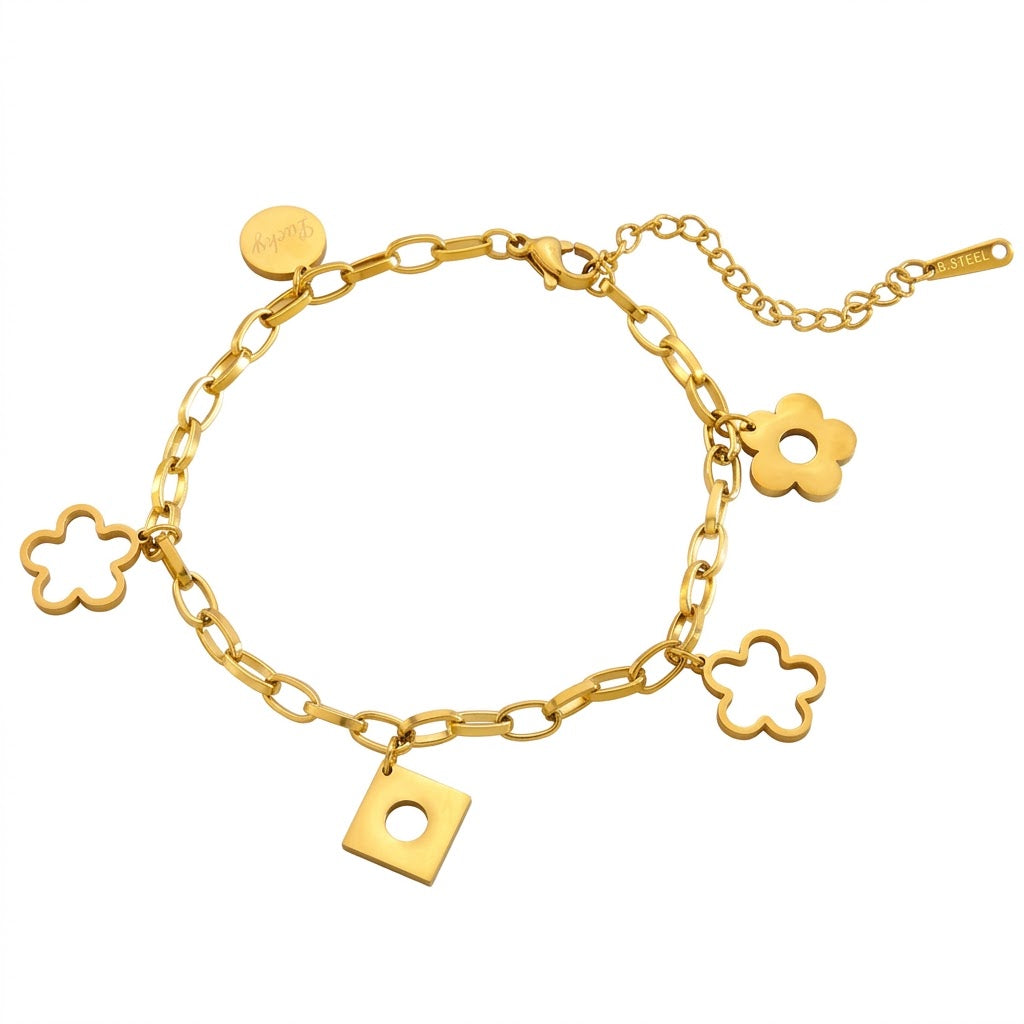Floral openwork charms engraved lucky tag and geometric drop link chain stainless steel jewelry bracelet in waterproof 18k gold plated finish.