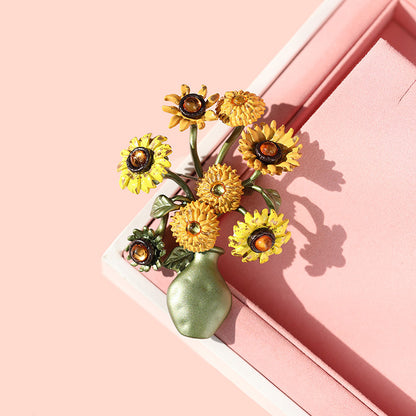 Vintage Van Gogh Sunflower Bouquet Brooch – Enamel Vase Masterpiece