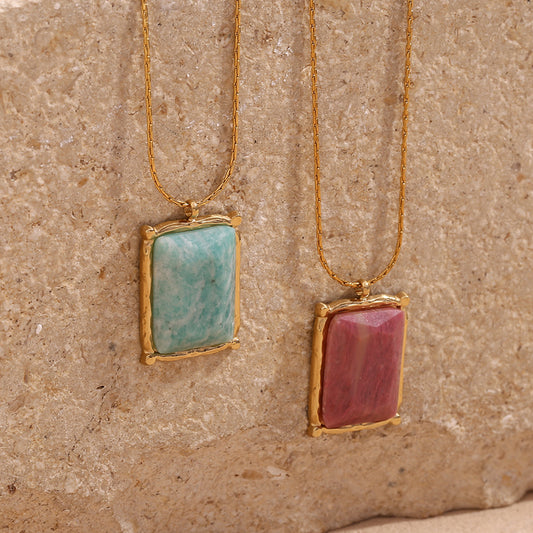 18K Gold Natural Pink&Green Stone Rectangle Pendant Necklace