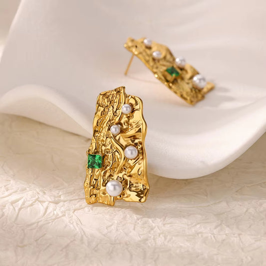 Hammered Irregular Pearl Stud Earrings – Unique Green Zircon Artistic Statement Earrings