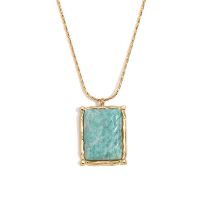18K Gold Natural Pink&Green Stone Rectangle Pendant Necklace